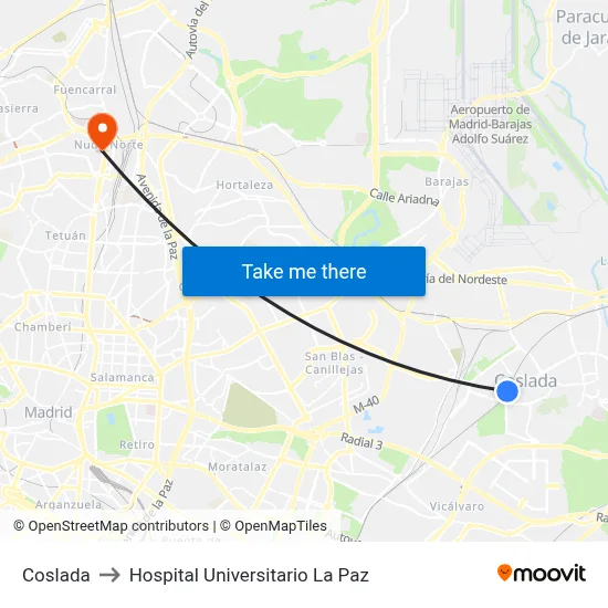 Coslada to Hospital Universitario La Paz map