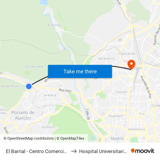 El Barrial - Centro Comercial Pozuelo to Hospital Universitario La Paz map