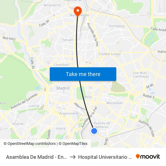 Asamblea De Madrid - Entrevías to Hospital Universitario La Paz map