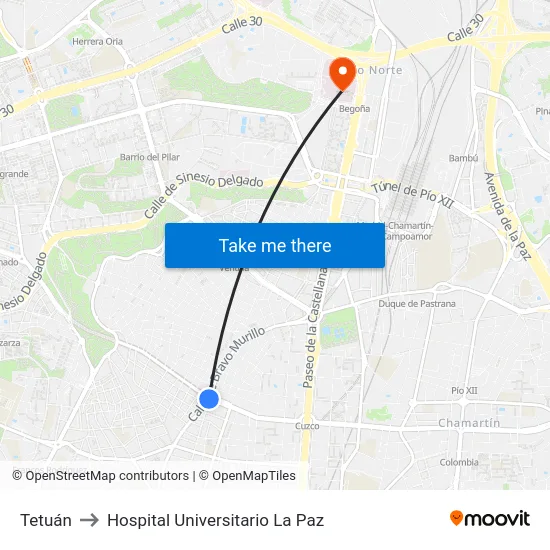 Tetuán to Hospital Universitario La Paz map
