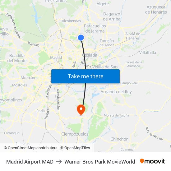 Madrid Airport MAD to Warner Bros Park MovieWorld map