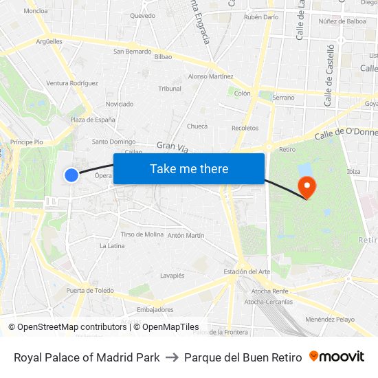 Royal Palace of Madrid Park to Parque del Buen Retiro map