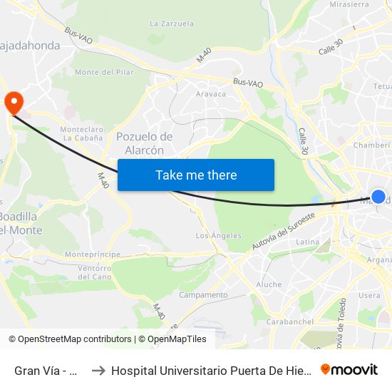 Gran Vía - Montera to Hospital Universitario Puerta De Hierro Majadahonda map