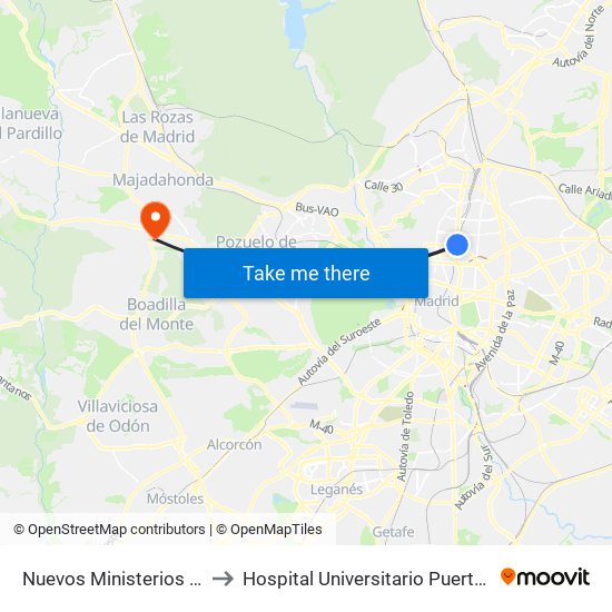 Nuevos Ministerios - Centro Comercial to Hospital Universitario Puerta De Hierro Majadahonda map