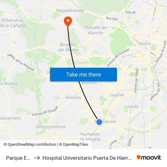 Parque Europa to Hospital Universitario Puerta De Hierro Majadahonda map