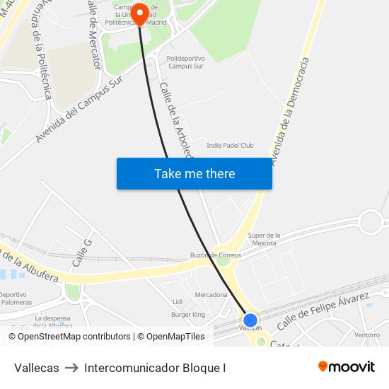 Vallecas to Intercomunicador Bloque I map