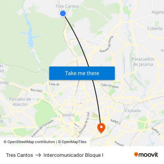 Tres Cantos to Intercomunicador Bloque I map