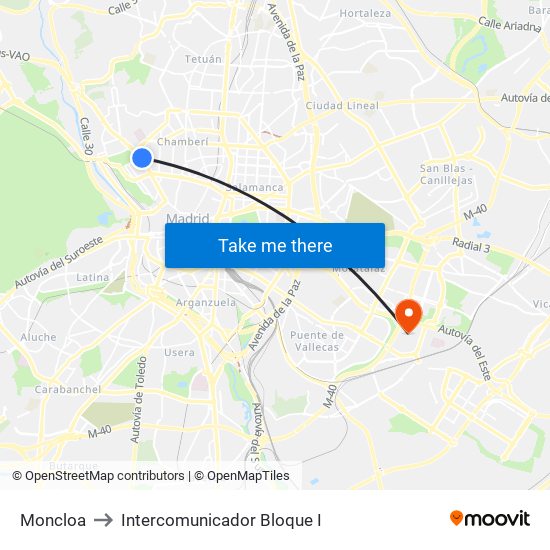 Moncloa to Intercomunicador Bloque I map