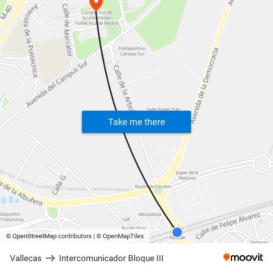 Vallecas to Intercomunicador Bloque III map