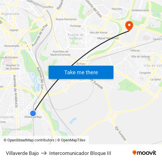 Villaverde Bajo to Intercomunicador Bloque III map