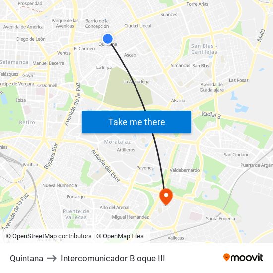 Quintana to Intercomunicador Bloque III map