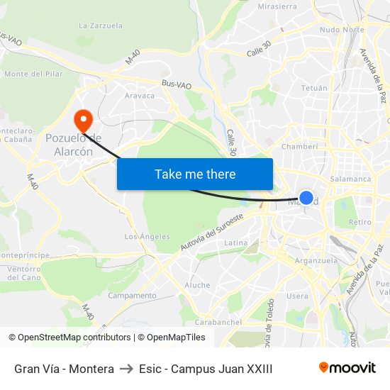 Gran Vía - Montera to Esic - Campus Juan XXIII map