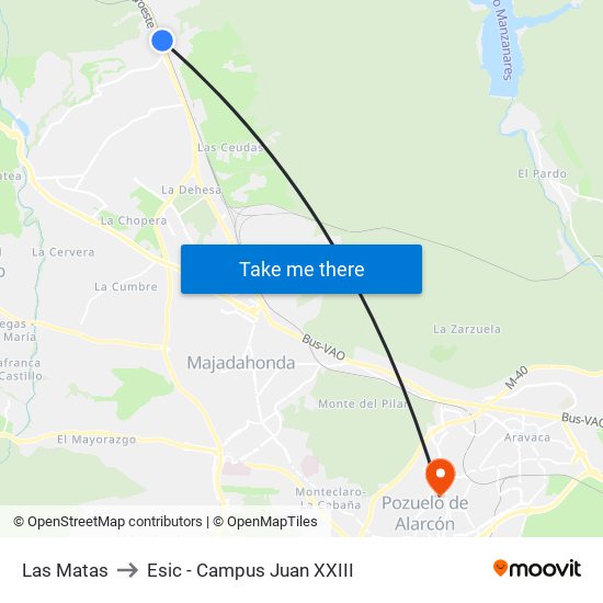 Las Matas to Esic - Campus Juan XXIII map