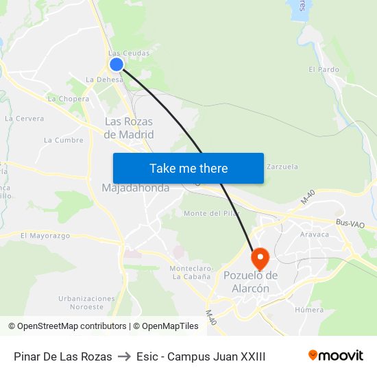 Pinar De Las Rozas to Esic - Campus Juan XXIII map