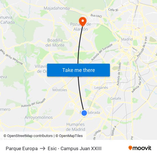 Parque Europa to Esic - Campus Juan XXIII map