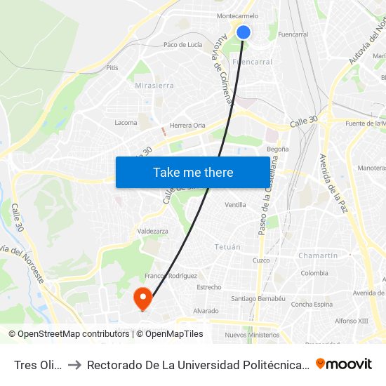 Tres Olivos to Rectorado De La Universidad Politécnica De Madrid map