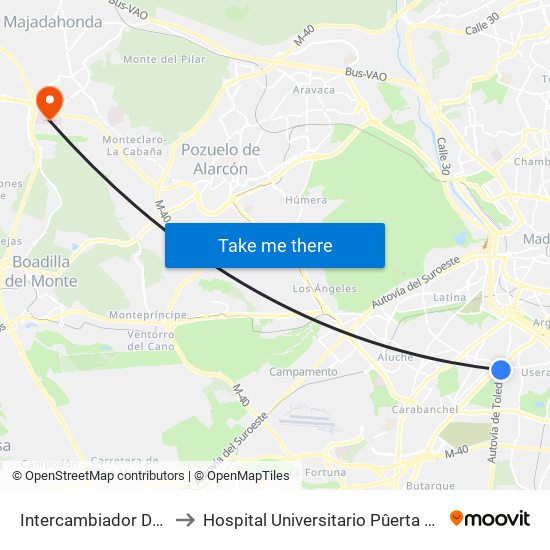 Intercambiador De Plaza Elíptica to Hospital Universitario Pûerta De Hierro Majadahonda map