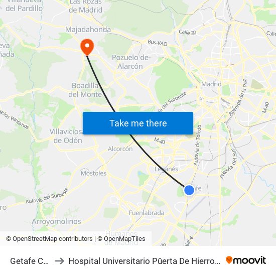 Getafe Centro to Hospital Universitario Pûerta De Hierro Majadahonda map