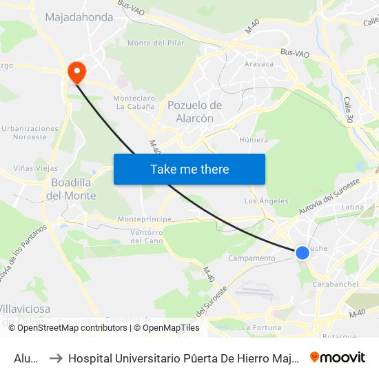 Aluche to Hospital Universitario Pûerta De Hierro Majadahonda map