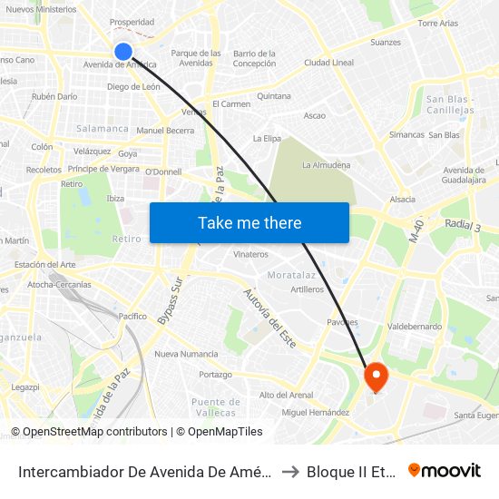 Intercambiador De Avenida De América to Bloque II Etsis map
