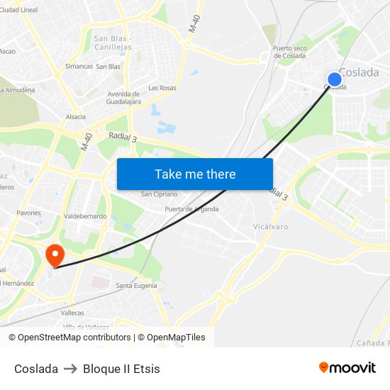 Coslada to Bloque II Etsis map