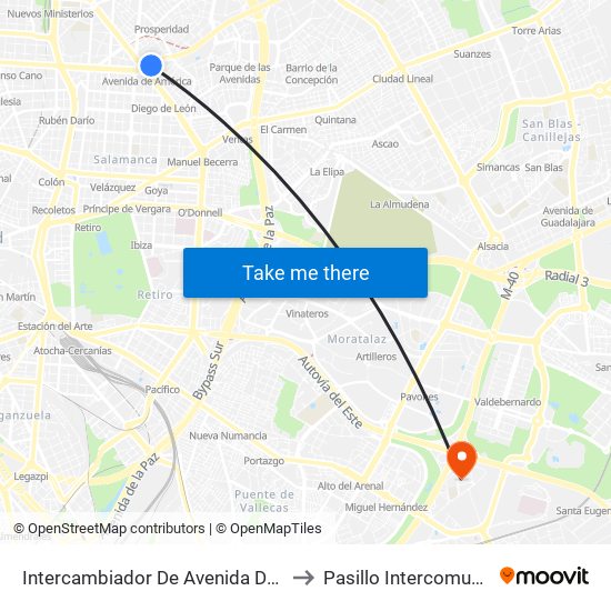 Intercambiador De Avenida De América to Pasillo Intercomunicador map