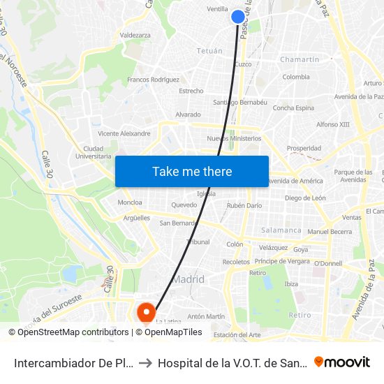 Intercambiador De Plaza De Castilla to Hospital de la V.O.T. de San Francisco de Asís map