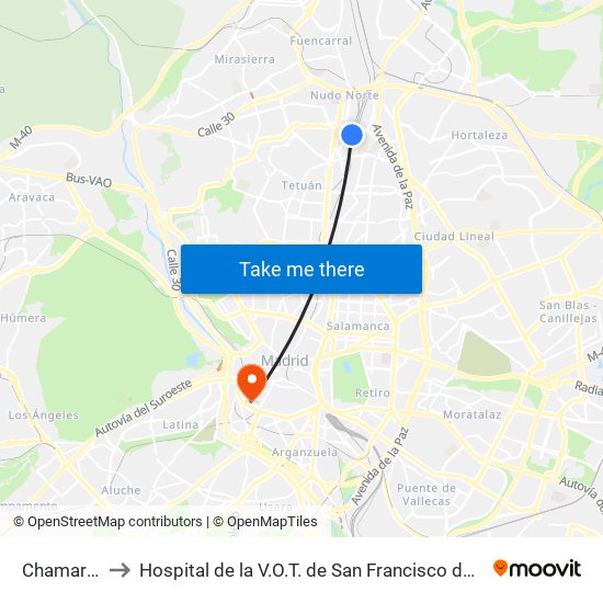 Chamartín to Hospital de la V.O.T. de San Francisco de Asís map