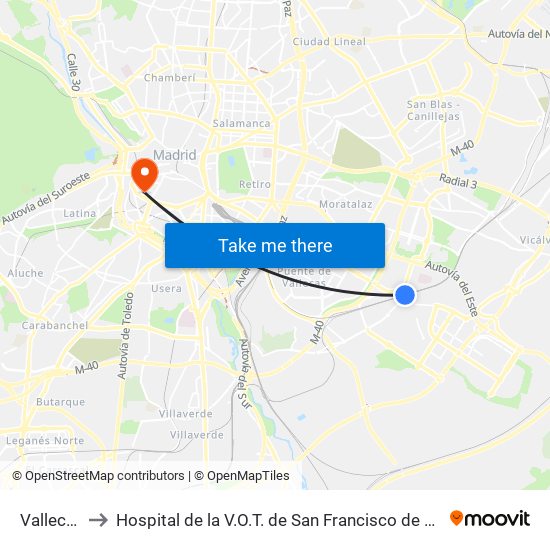 Vallecas to Hospital de la V.O.T. de San Francisco de Asís map