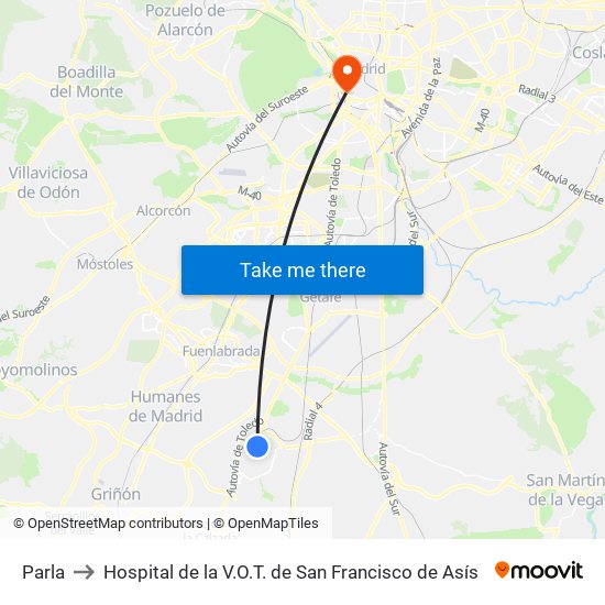 Parla to Hospital de la V.O.T. de San Francisco de Asís map