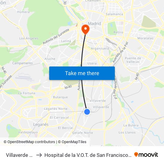Villaverde Alto to Hospital de la V.O.T. de San Francisco de Asís map