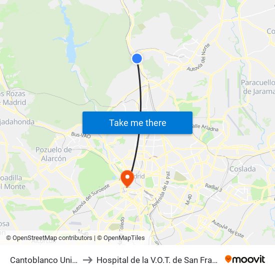 Cantoblanco Universidad to Hospital de la V.O.T. de San Francisco de Asís map