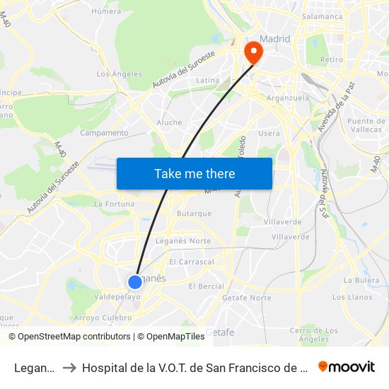Leganés to Hospital de la V.O.T. de San Francisco de Asís map