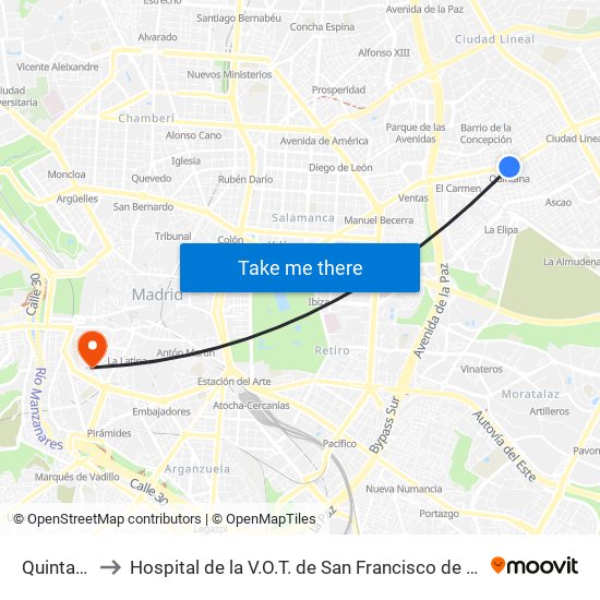 Quintana to Hospital de la V.O.T. de San Francisco de Asís map