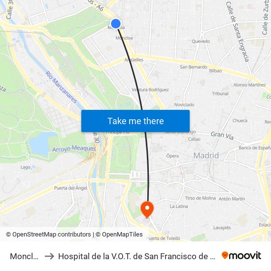 Moncloa to Hospital de la V.O.T. de San Francisco de Asís map