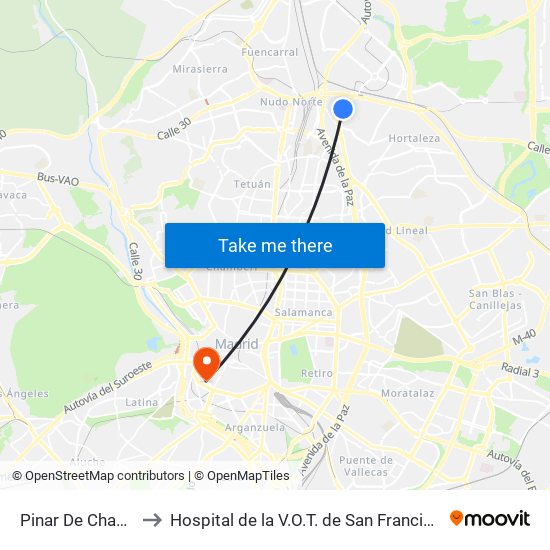 Pinar De Chamartín to Hospital de la V.O.T. de San Francisco de Asís map