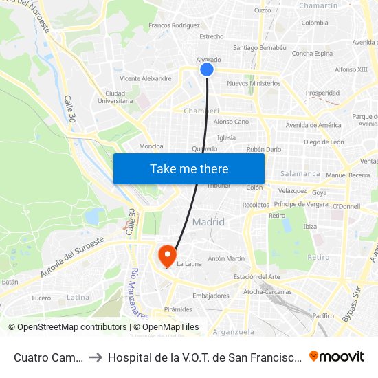 Cuatro Caminos to Hospital de la V.O.T. de San Francisco de Asís map