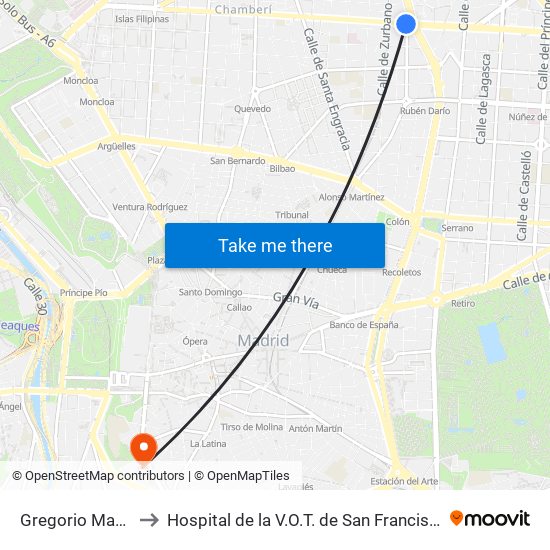 Gregorio Marañón to Hospital de la V.O.T. de San Francisco de Asís map
