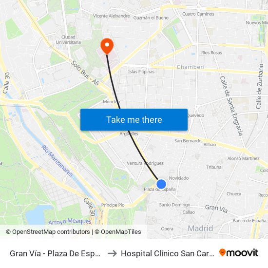 Gran Vía - Plaza De España to Hospital Clínico San Carlos map
