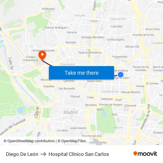 Diego De León to Hospital Clínico San Carlos map