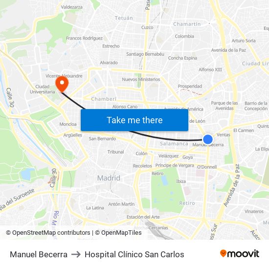 Manuel Becerra to Hospital Clínico San Carlos map