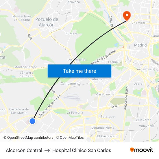 Alcorcón Central to Hospital Clínico San Carlos map