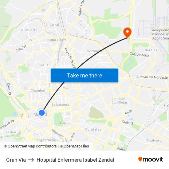 Gran Vía to Hospital Enfermera Isabel Zendal map