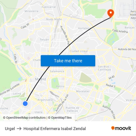 Urgel to Hospital Enfermera Isabel Zendal map