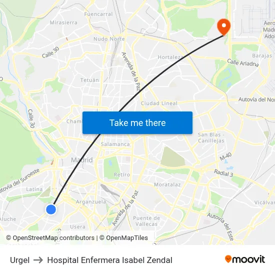 Urgel to Hospital Enfermera Isabel Zendal map