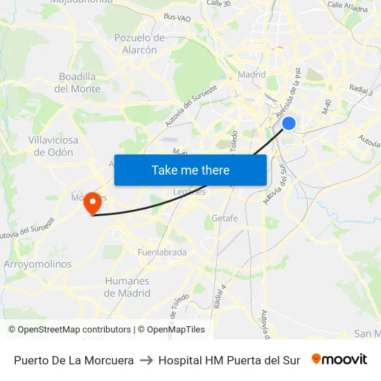 Puerto De La Morcuera to Hospital HM Puerta del Sur map