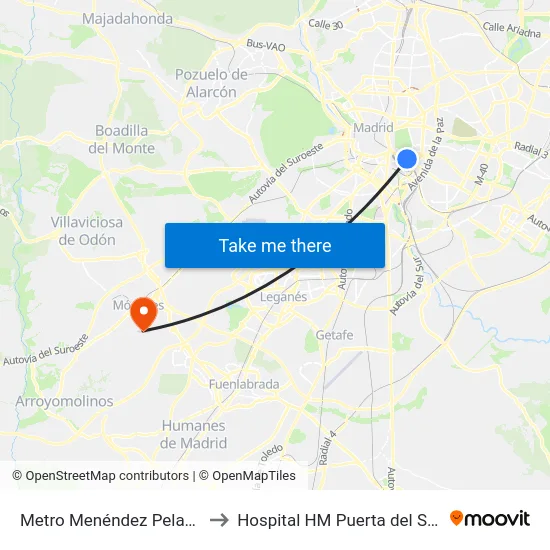 Metro Menéndez Pelayo to Hospital HM Puerta del Sur map