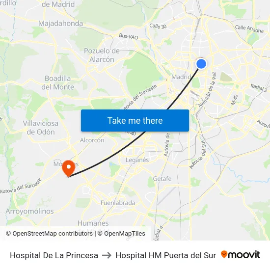 Hospital De La Princesa to Hospital HM Puerta del Sur map
