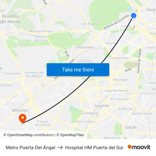 Metro Puerta Del Ángel to Hospital HM Puerta del Sur map