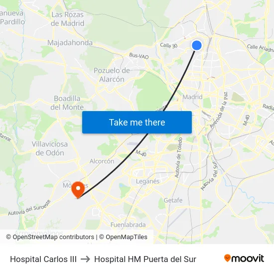 Hospital Carlos III to Hospital HM Puerta del Sur map